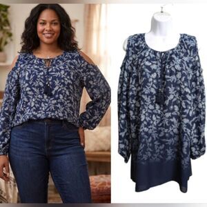 Catherines Cold Shoulder Tunic Blouse Sz 1X Blue Floral Chiffon Long Sleeve